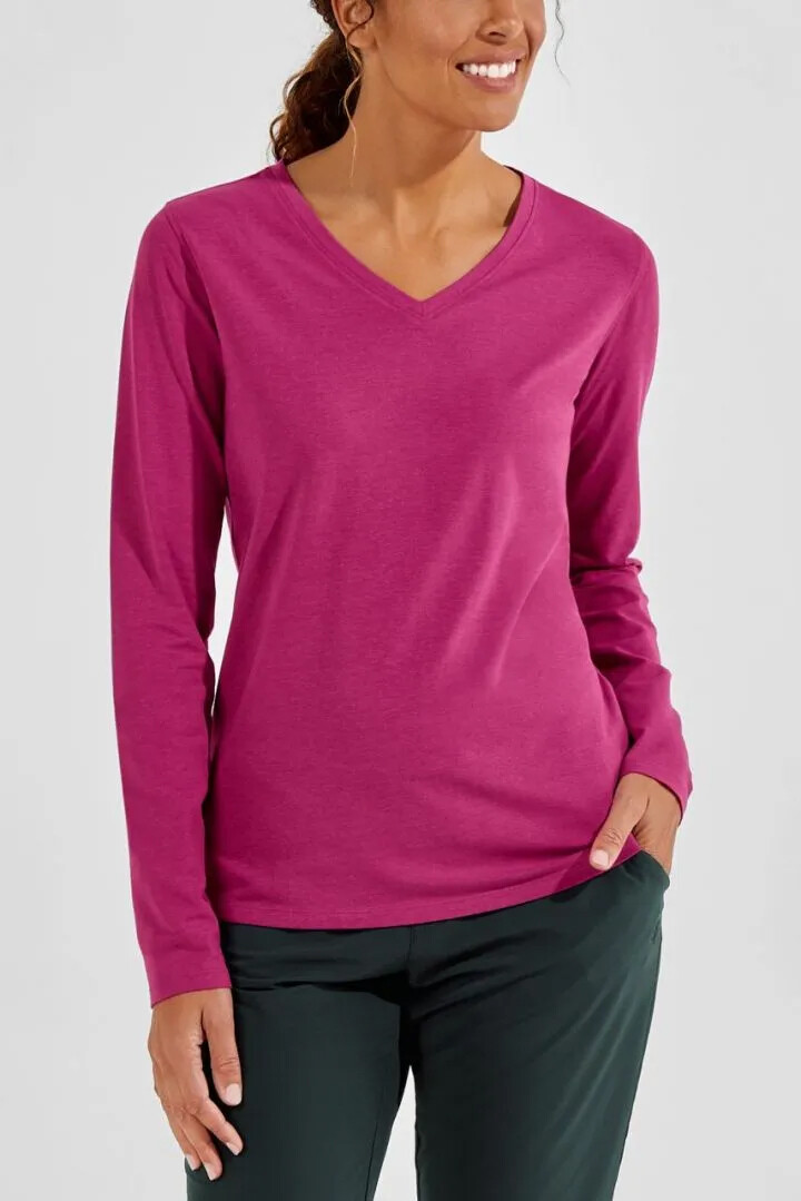 Coolibar - UV-Everyday Deep V-Neck Shirt für Damen - Langarm - Morada - Einfarbig - Rosa 