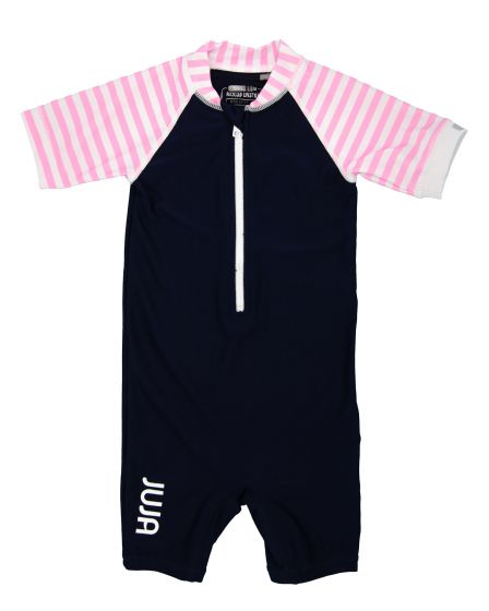 JUJA - UV-Schwimmanzug für Babys - Kurzärmlig - Stripy - Dunkelblau/Pink