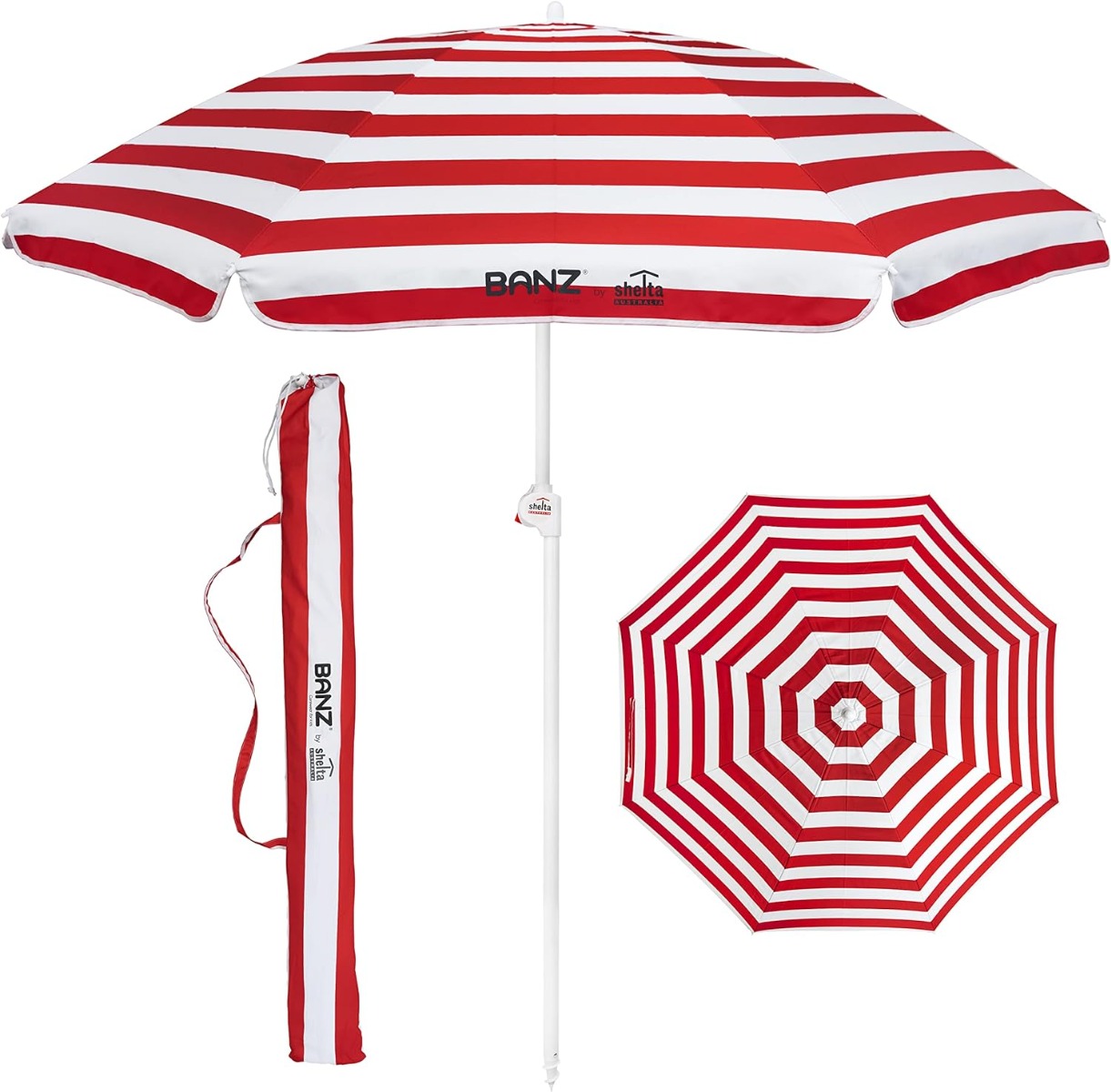 Banz - UV-Strandregenschirm - 165/200cm x 180cm - Rot/Weiß gestreift