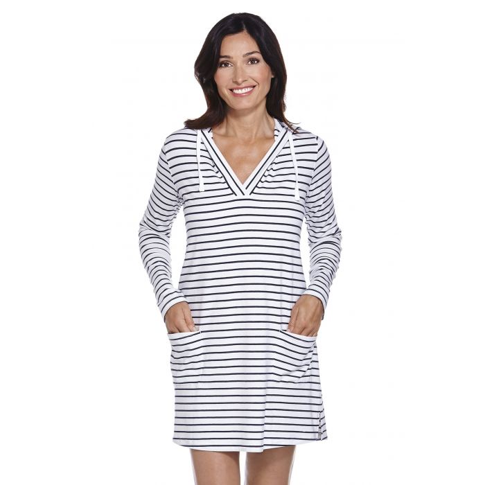 Coolibar - UV Strandkleid mit V- Hals Damen - Blau/Weiß gestreift