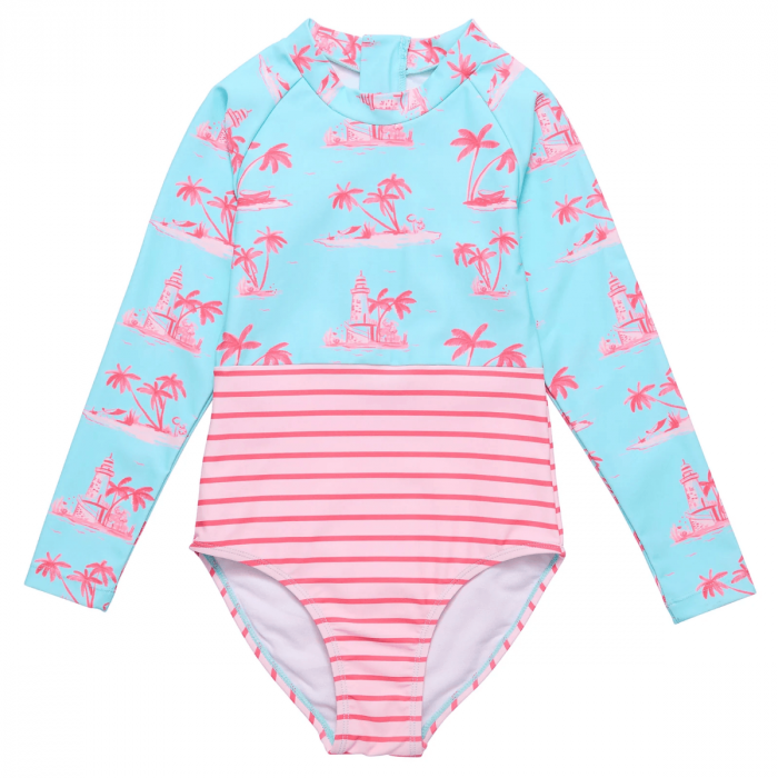 Snapper Rock - UV-Badeanzug für Mädchen - Langarm - UPF50+ - Lighthouse Island - Blau/Pink