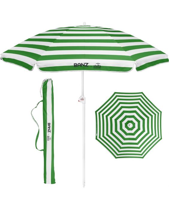 Banz - UV-Strandregenschirm - 165/200cm x 180cm - Smaragdgrün/Weiß gestreift