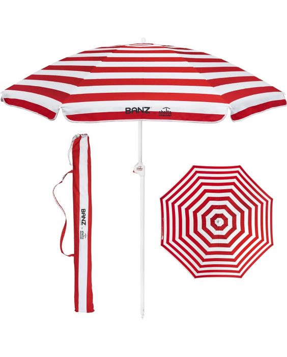 Banz - UV-Strandregenschirm - 165/200cm x 180cm - Rot/Weiß gestreift