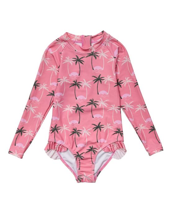 Snapper Rock - UV-Badeanzug für Mädchen - Langarm - Palm Paradise - Rosa