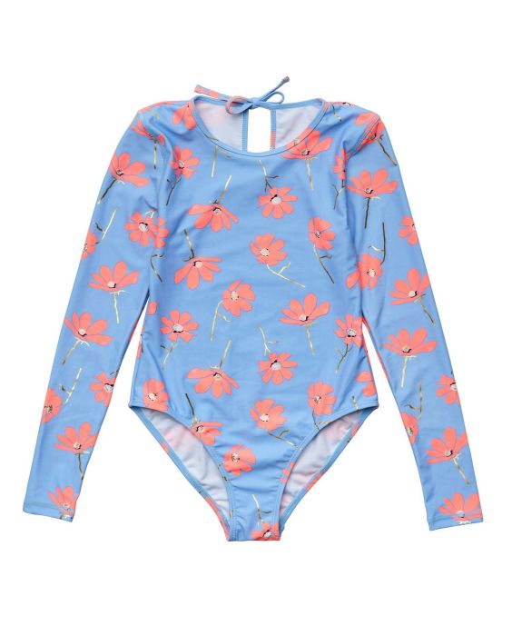 Snapper Rock - UV-Badeanzug für Mädchen - Langarm - Beach Bloom - Blau/Rosa