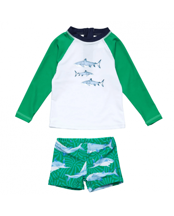 Snapper Rock - UV-Badeset für Babys und Kinder - Langarm - UPF50+ - Riffhai - Grün/Weiß