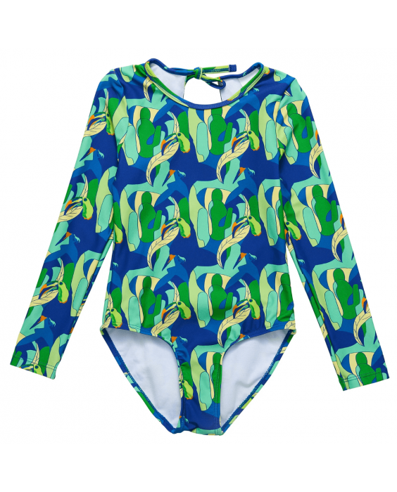 Snapper Rock - UV-Badeanzug für Mädchen - Langarm - UPF50+ - Toucan Jungle - Grün/Blau
